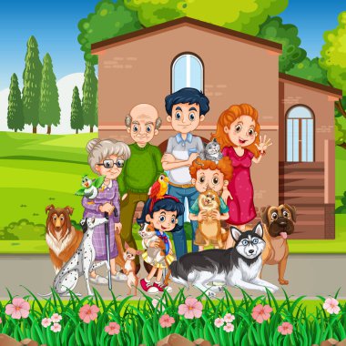Mutlu aile ve köpek resimli açık hava sahnesi