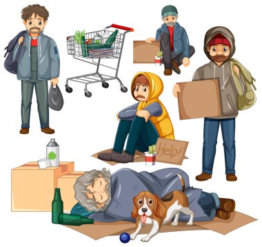 Set of homeless man in different poses illustration clipart
