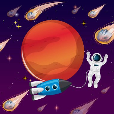 Uzayda roket resimli bir astronot