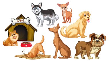 Çizgi film stili resimlerde farklı şirin köpekler.