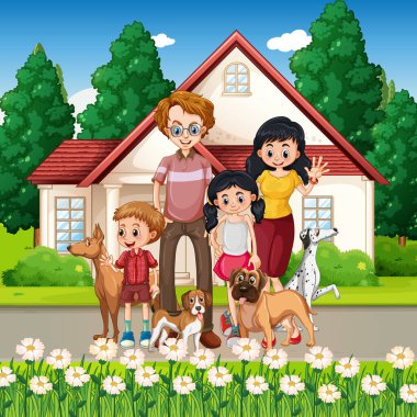 Mutlu aile ve köpek resimli açık hava sahnesi