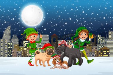 Noel elfleri ve sevimli köpek resimleriyle dolu karlı bir kış gecesi.