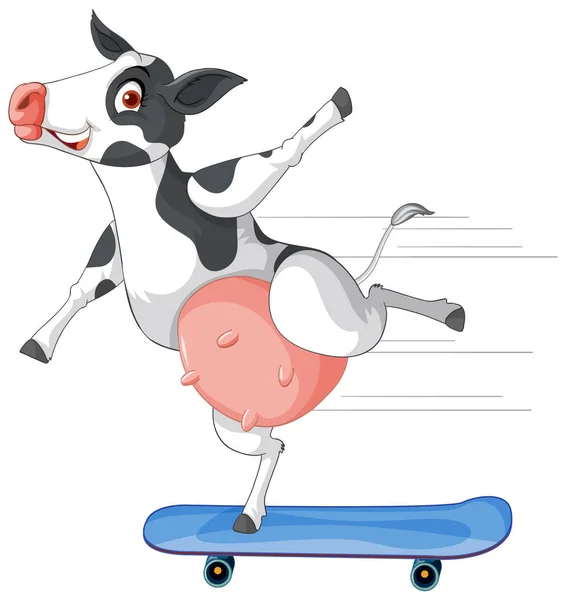 Milchkuh Spielt Skateboard Zeichentrickfigur Illustration — Stockvektor