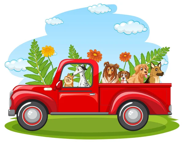 公園のイラストで赤いトラックに乗っている多くの犬 — ストックベクタ