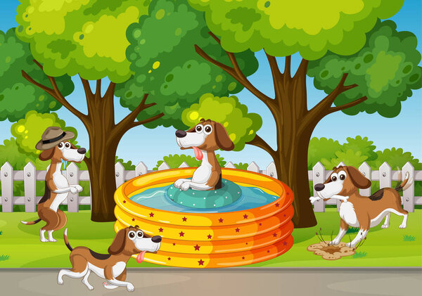 Four dogs playing in the park illustration