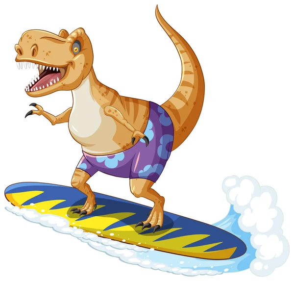 卡通风格图解中冲浪板上的霸王龙雷克斯龙 — 图库矢量图片