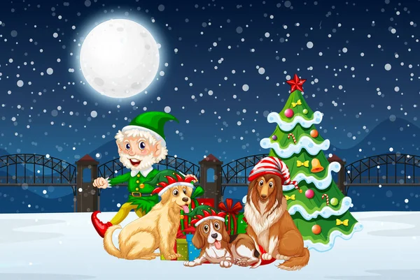 Nuit Hiver Enneigée Avec Illustration Elfe Chiens Noël — Image vectorielle