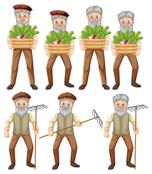 Set Vecchi Agricoltori Con Diverse Pose Illustrazione — Vettoriale Stock
