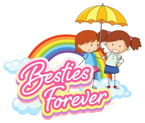 Bestie Voor Altijd Logo Met Twee Meisjes Cartoon Karakter Illustratie — Stockvector