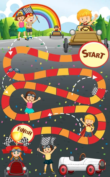 ヘビやはしごゲームテンプレートは 子供のキャラクターのイラストを配線 — ストックベクタ