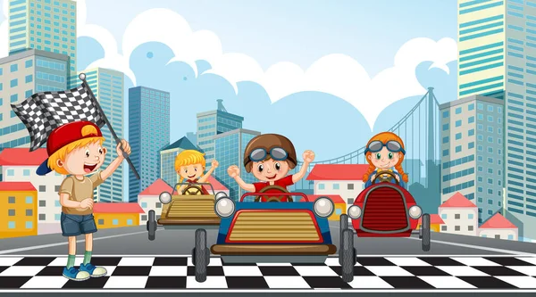 Outdoor Scene Met Kinderen Racen Auto Illustratie — Stockvector