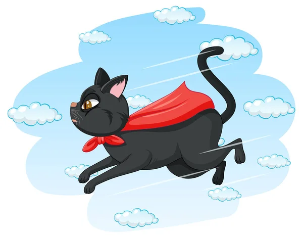 Czarny Kot Czerwony Peleryna Latający Ilustracja — Wektor stockowy