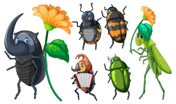 Ensemble Différents Insectes Coléoptères Dans Illustration Style Dessin Animé — Image vectorielle