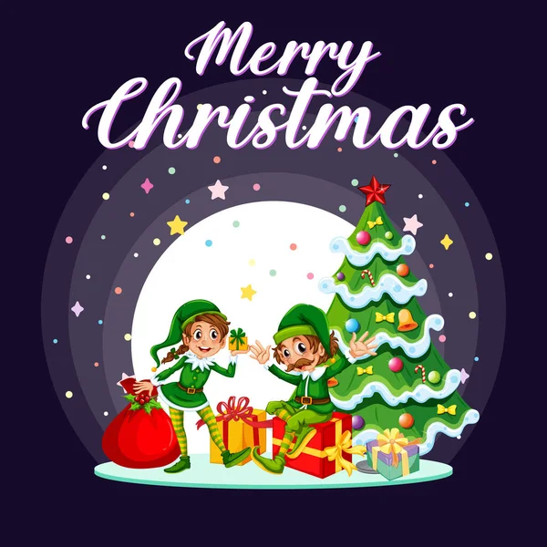 Feliz Diseño Banner Navidad Con Elfos Ilustración Árbol Navidad — Archivo Imágenes Vectoriales