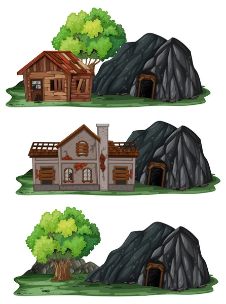 Set Van Verschillende Verlaten Huizen Met Rots Grot Illustratie — Stockvector