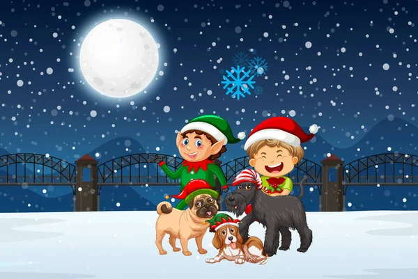 Sneeuwachtige Winternacht Met Kerst Elfen Honden Illustratie — Stockvector