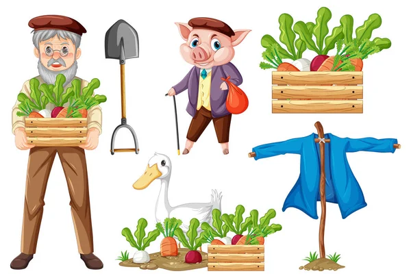 Set Von Landwirtschaftlichen Objekten Und Farmer Zeichentrickfigur Illustration — Stockvektor