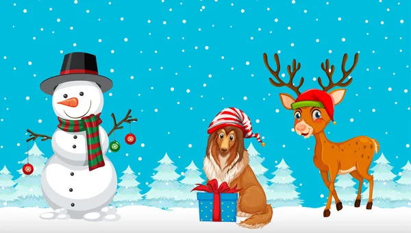Χριστούγεννα Χαρακτήρες Κινουμένων Σχεδίων Χιονισμένο Μπλε Φόντο Εικονογράφηση — Διανυσματικό Αρχείο