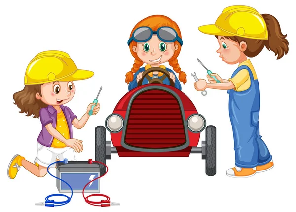 Gyerekek Javítás Egy Autó Együtt Illusztráció — Stock Vector