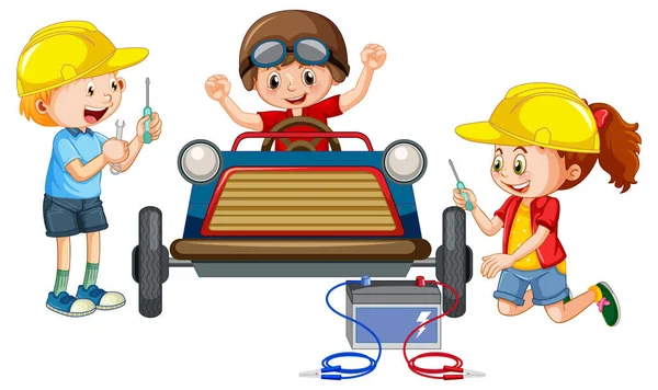 Niños Reparando Coche Juntos Ilustración — Archivo Imágenes Vectoriales