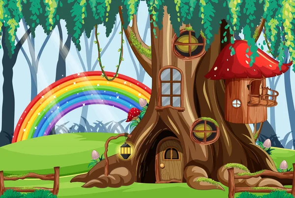 Märchenbaumhaus Wald Mit Regenbogenillustration — Stockvektor