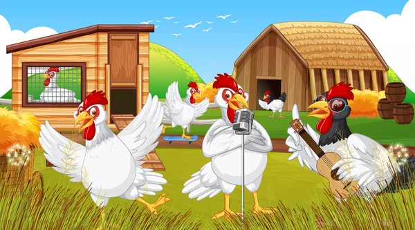 Scena Gospodarstwa Grupą Kurczaków Postać Kreskówki Ilustracja — Wektor stockowy