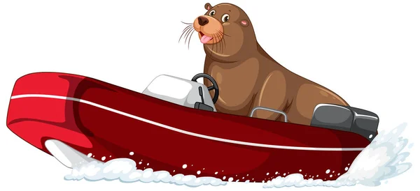 Sea Lion Motor Boat Cartoon Style Illustration — Stock Vector