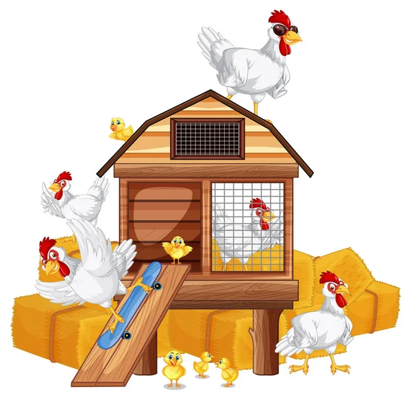 Hühnergruppe Mit Hühnerstall Illustration — Stockvektor