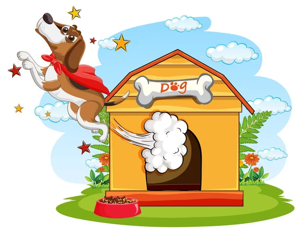 Cão Com Capa Vermelha Voando Para Fora Ilustração Casota — Vetor de Stock