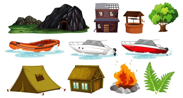 Ensemble Objets Éléments Camping Illustration — Image vectorielle