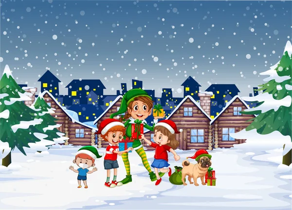 Sneeuwachtige Winternacht Met Elf Kinderen Stad Illustratie — Stockvector