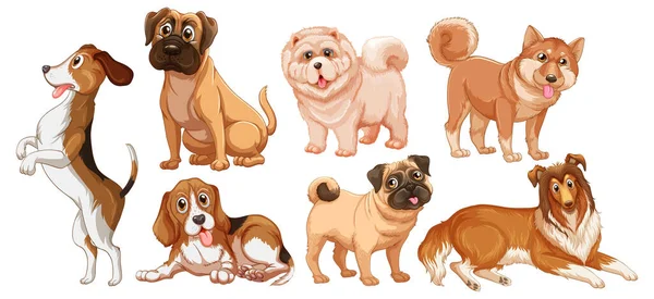 卡通风格图解中的一组不同的可爱狗 — 图库矢量图片