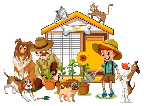 Grandes Membros Família Com Muitos Cães Ilustração — Vetor de Stock
