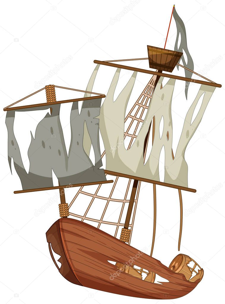 Old broken junk ship on white background illustration