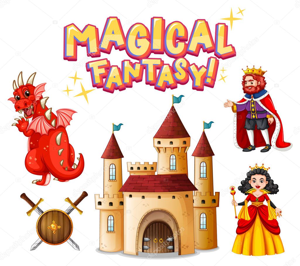 Set of dragon and fairy tale cartoon characters illustration