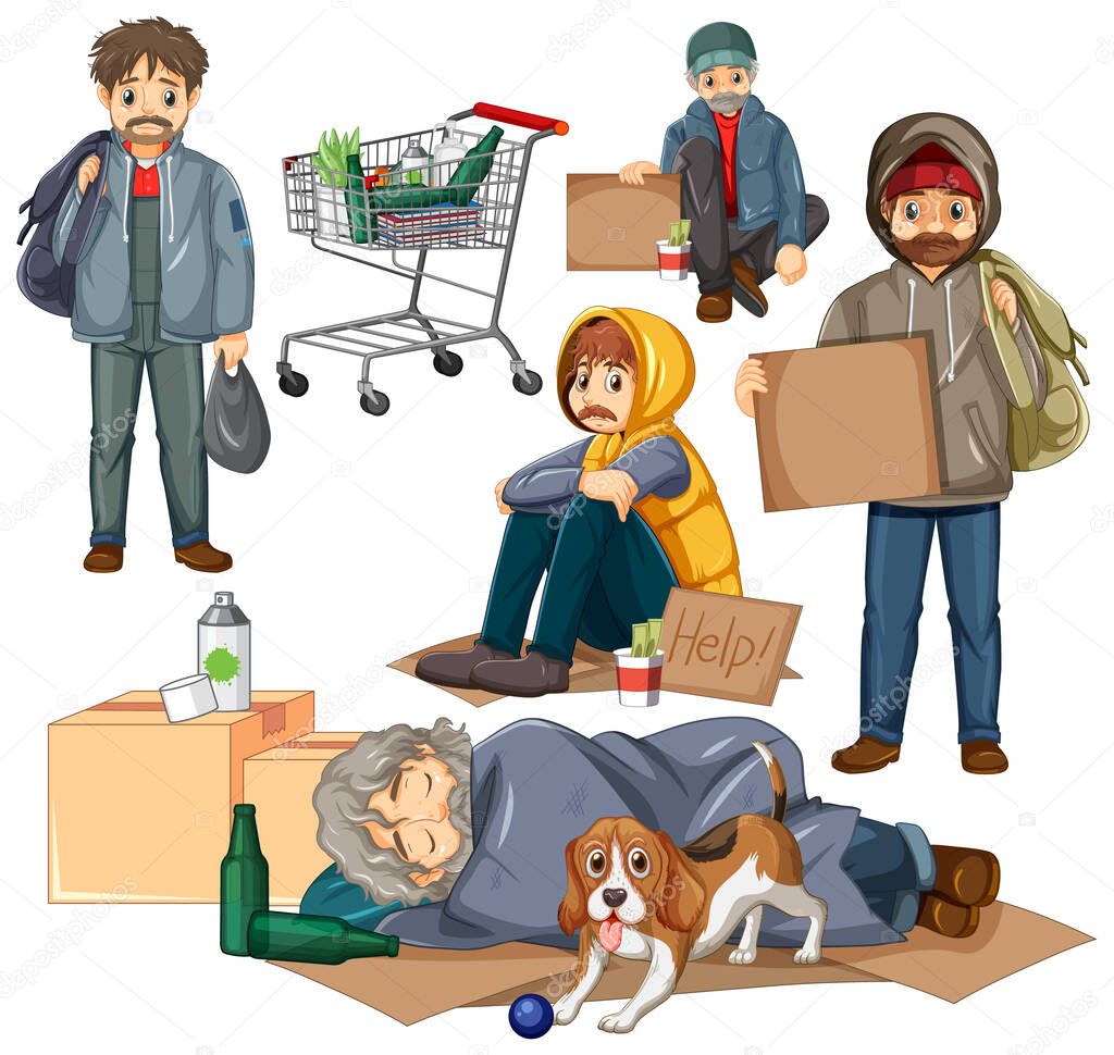 Set of homeless man in different poses illustration