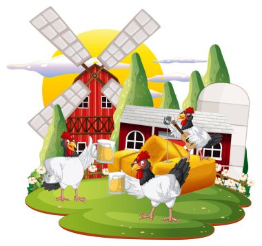 Çizgi film tarzında bir grup tavuğun izole edilmiş bir sahnesi.