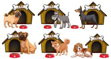 Çizgi film stili resimlerde farklı şirin köpekler.