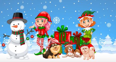 Karlı mavi arkaplanda çocuklu bir Noel Kardan Adam