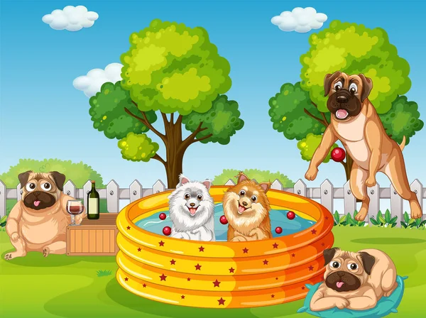 Veel Honden Spelen Het Park Illustratie — Stockvector