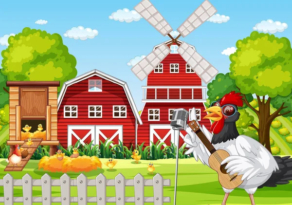 Farm Scene Chicken Singing Guitar Illustration — Stock Vector