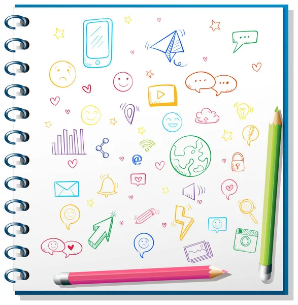 Gekleurde Objecten Doodles Notebook Illustratie — Stockvector