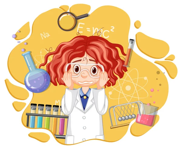 Científico Niña Personaje Dibujos Animados Con Equipos Laboratorio Ilustración — Archivo Imágenes Vectoriales