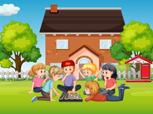 Niños Jugando Juegos Fuera Casa Ilustración — Vector de stock