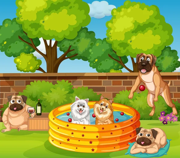 Vijf Honden Spelen Tuin Illustratie — Stockvector