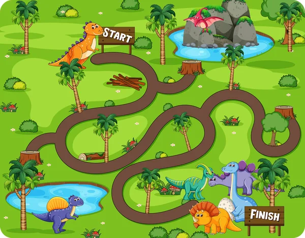 Labyrinth Spielvorlage Dinosaurier Thema Für Kleinkinder Illustration — Stockvektor