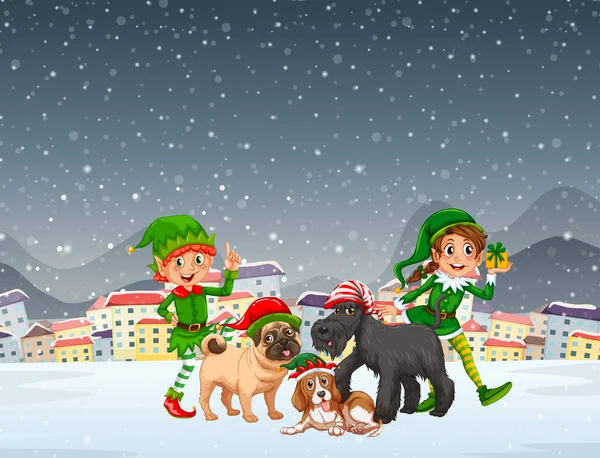 Snowy Kerst Nacht Scène Met Elfen Honden Illustratie — Stockvector