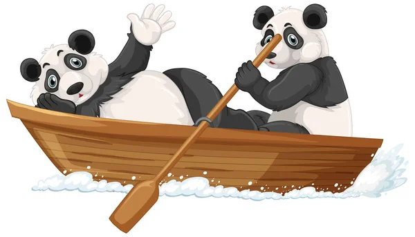 Pandas Sur Bateau Bois Dans Illustration Style Dessin Animé — Image vectorielle