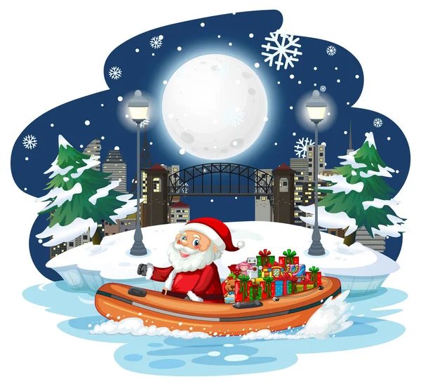 Snowy Nacht Met Kerstman Een Boot Illustratie — Stockvector