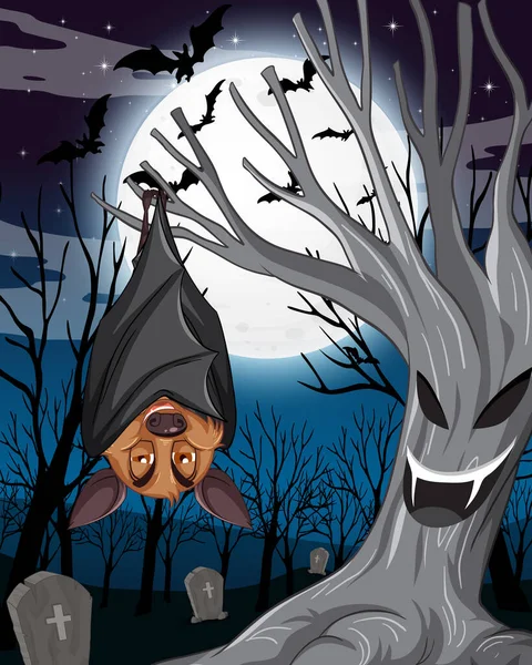 Хэллоуин Ночь Сцена Летучей Мышью Висит Дереве Иллюстрации — стоковый вектор